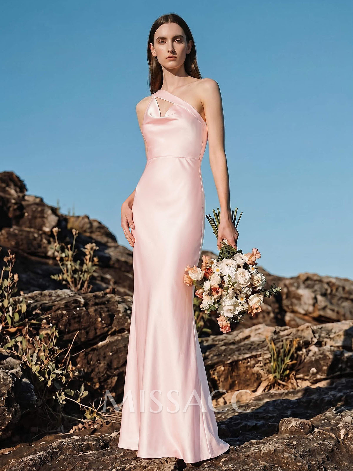 Unique One-Shoulder Outcut Neck Silk Like Satin Bridesmaid Dresses