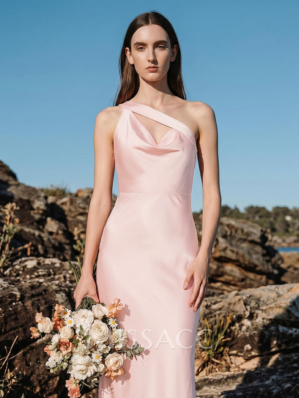 Unique One-Shoulder Outcut Neck Silk Like Satin Bridesmaid Dresses