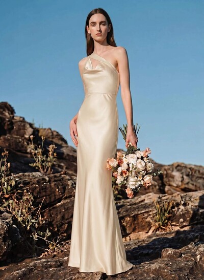Unique One-Shoulder Outcut Neck Silk Like Satin Bridesmaid Dresses