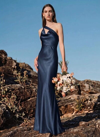 Unique One-Shoulder Outcut Neck Silk Like Satin Bridesmaid Dresses
