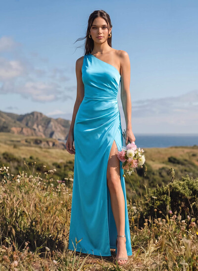 Classic One-Shoulder Silk Like Satin Bridesmaid Dresses With High Split