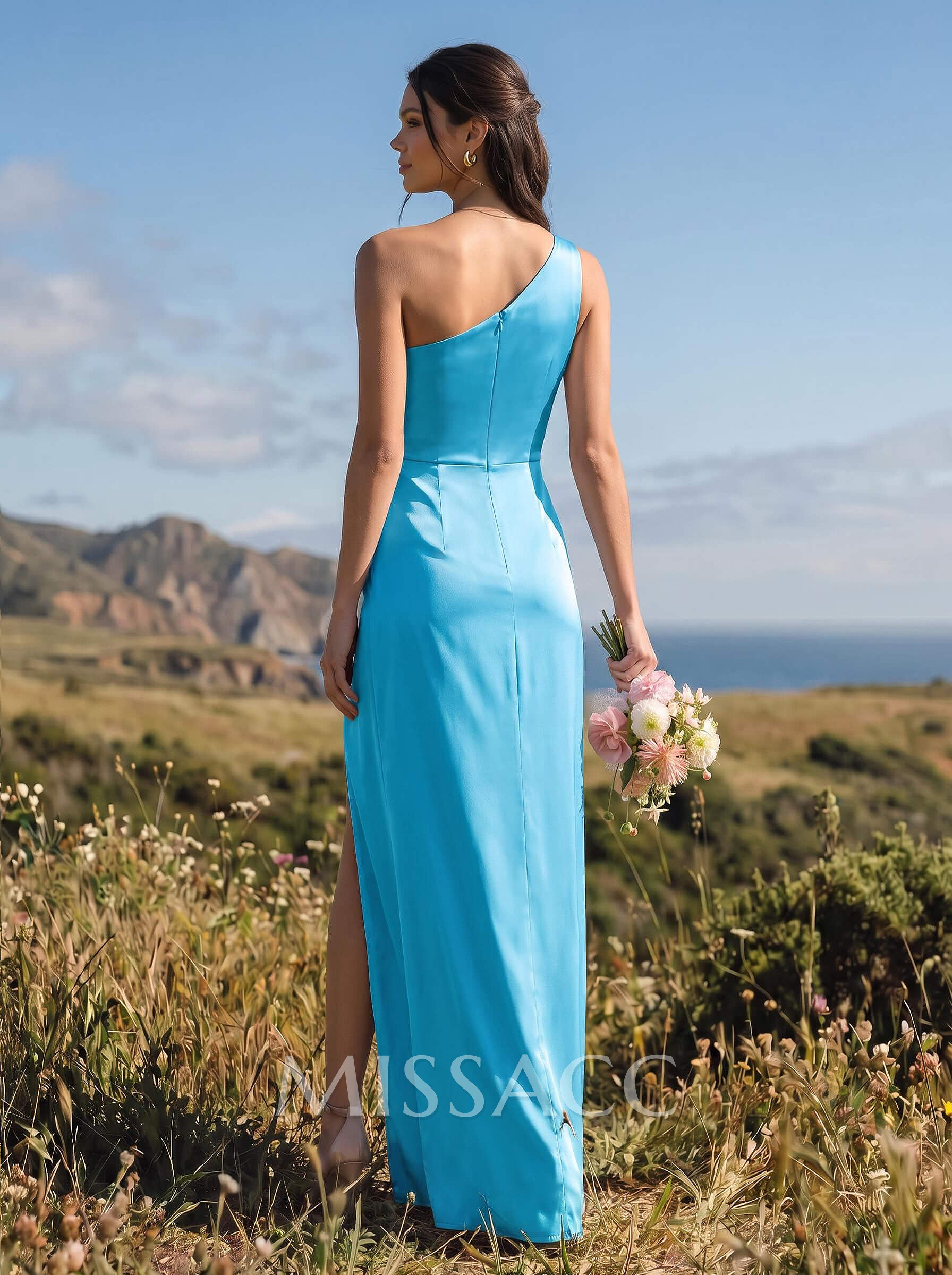 Classic One-Shoulder Silk Like Satin Bridesmaid Dresses With High Split
