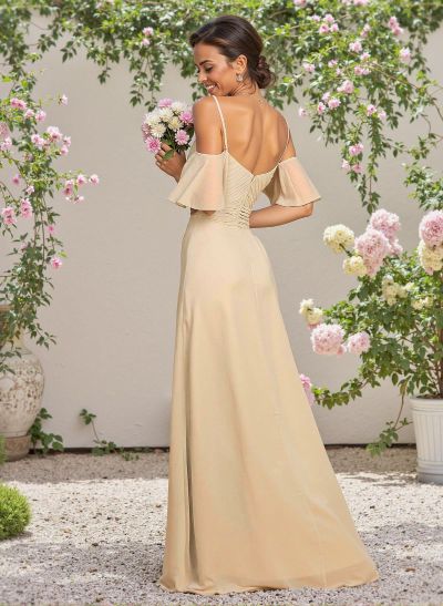 Modest A-Line Spaghetti Straps Ruched Waist Chiffon Bridesmaid Dresses