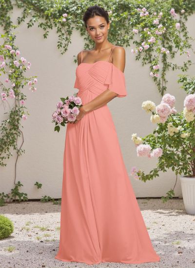 Modest A-Line Spaghetti Straps Ruched Waist Chiffon Bridesmaid Dresses