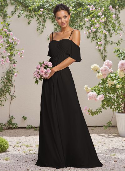 Modest A-Line Spaghetti Straps Ruched Waist Chiffon Bridesmaid Dresses