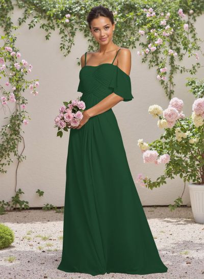 Modest A-Line Spaghetti Straps Ruched Waist Chiffon Bridesmaid Dresses