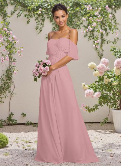 Modest A-Line Spaghetti Straps Ruched Waist Chiffon Bridesmaid Dresses