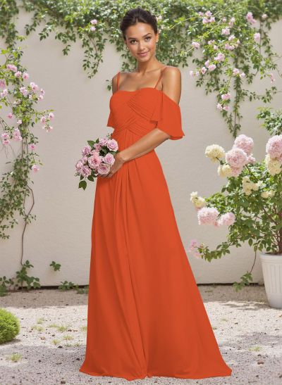 Modest A-Line Spaghetti Straps Ruched Waist Chiffon Bridesmaid Dresses