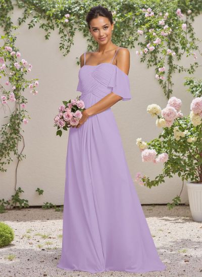 Modest A-Line Spaghetti Straps Ruched Waist Chiffon Bridesmaid Dresses