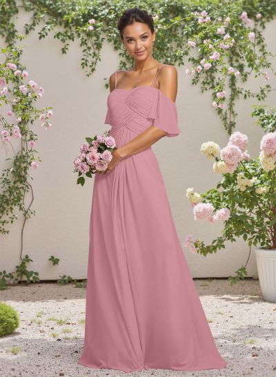 Modest A-Line Spaghetti Straps Ruched Waist Chiffon Bridesmaid Dresses