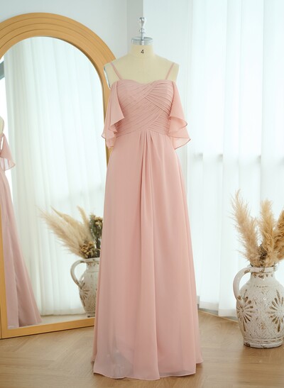 Modest A-Line Spaghetti Straps Ruched Waist Chiffon Bridesmaid Dresses