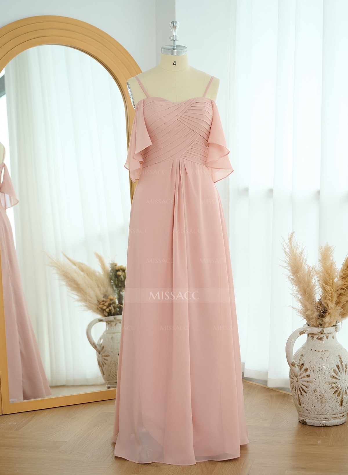 Modest A-Line Spaghetti Straps Ruched Waist Chiffon Bridesmaid Dresses