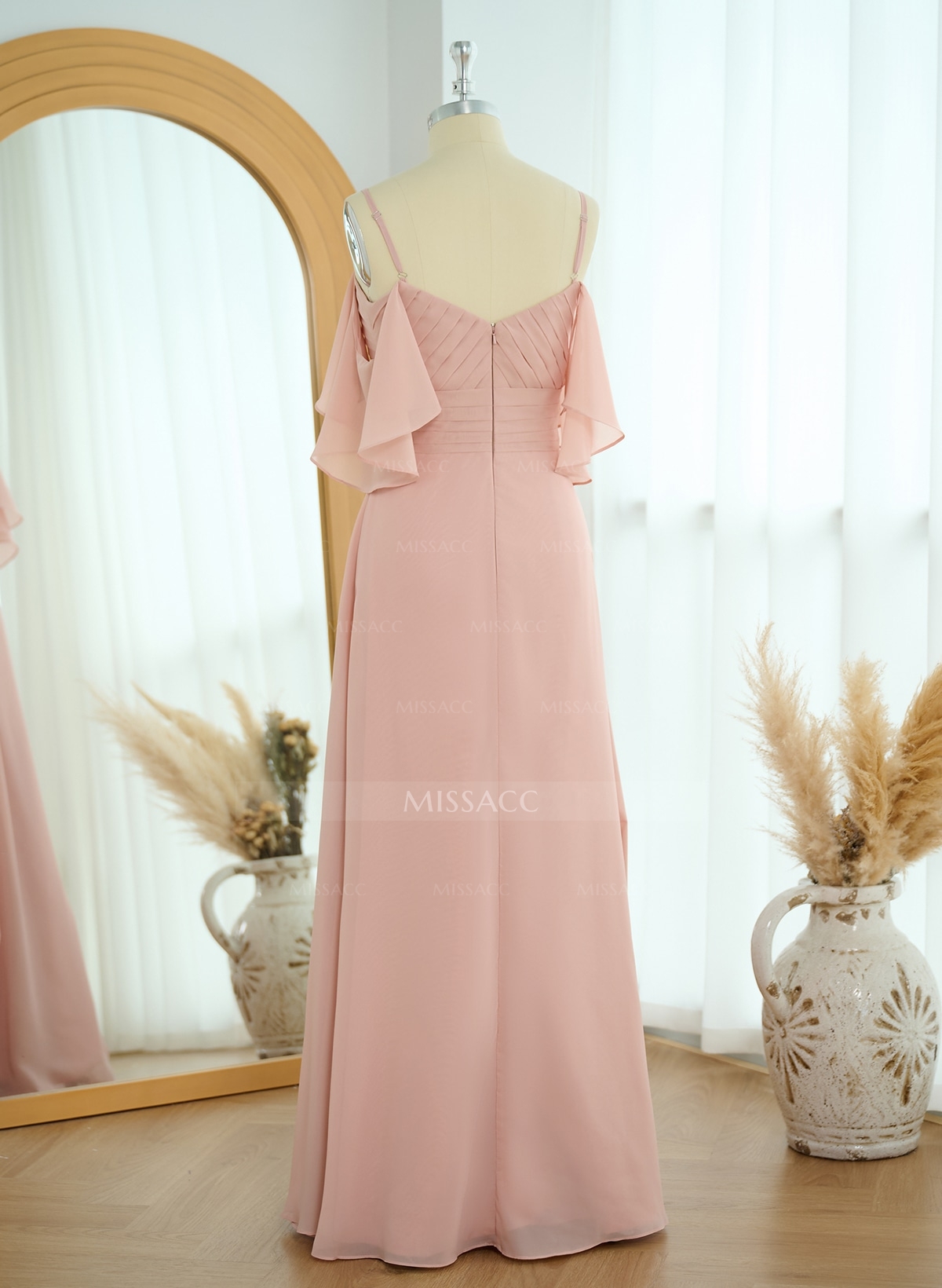 Modest A-Line Spaghetti Straps Ruched Waist Chiffon Bridesmaid Dresses