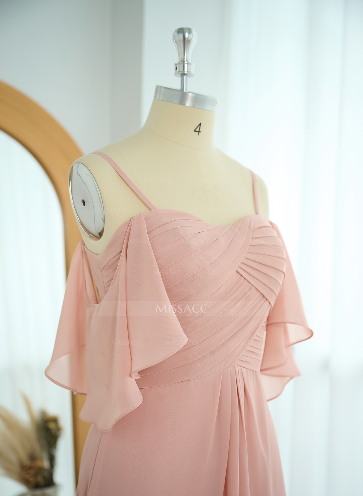 Modest A-Line Spaghetti Straps Ruched Waist Chiffon Bridesmaid Dresses