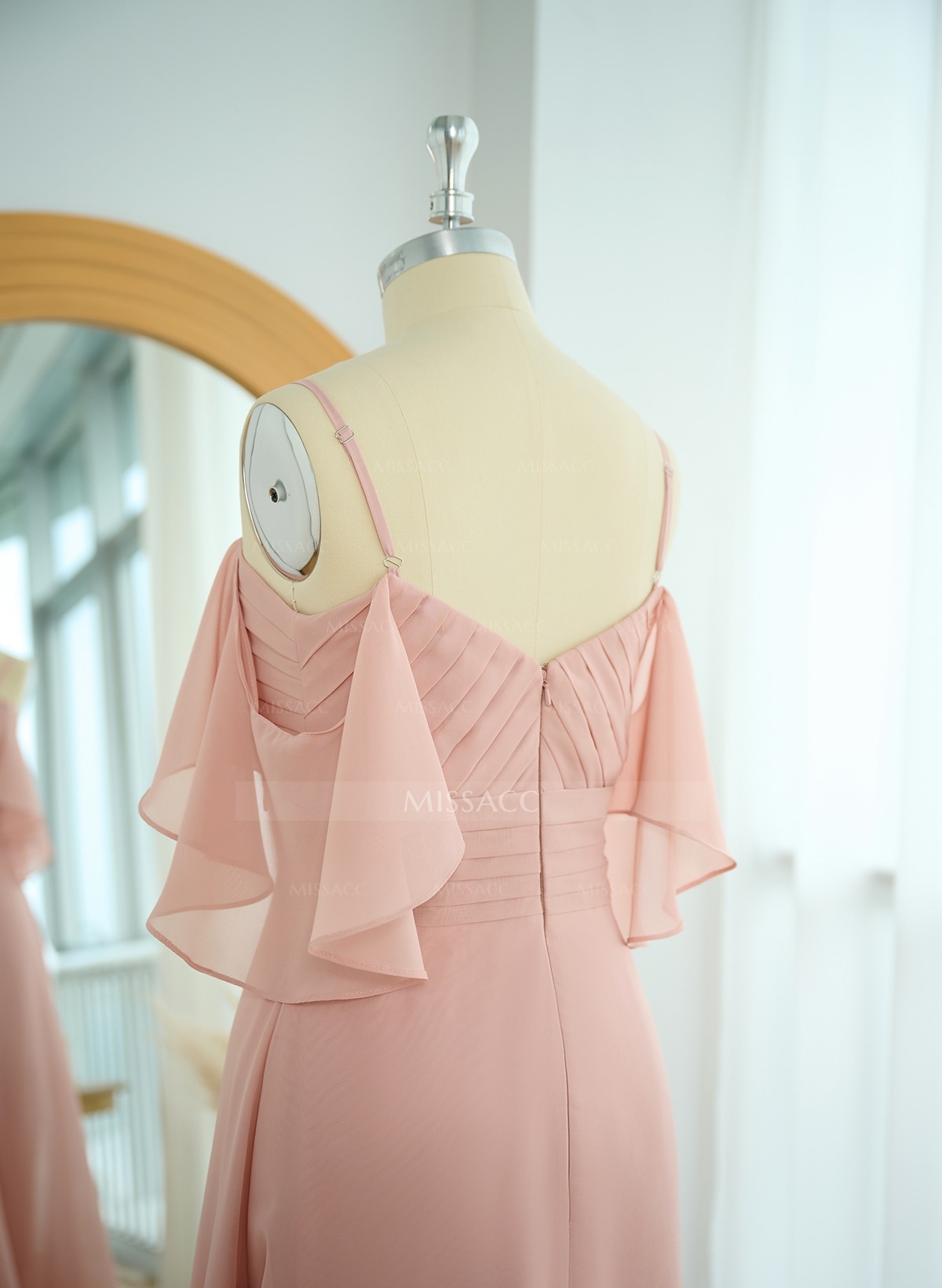 Modest A-Line Spaghetti Straps Ruched Waist Chiffon Bridesmaid Dresses