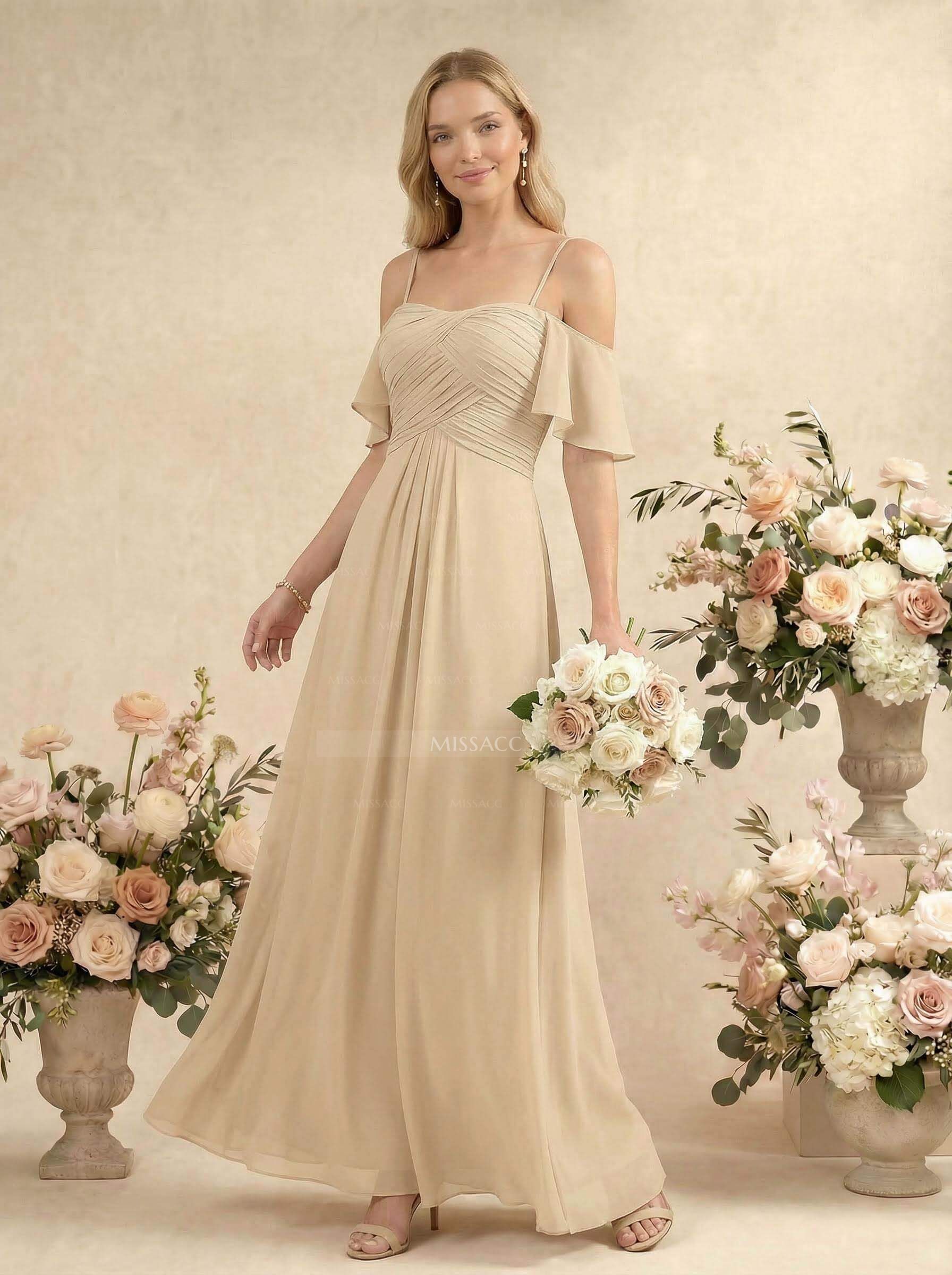 Modest A-Line Spaghetti Straps Ruched Waist Chiffon Bridesmaid Dresses