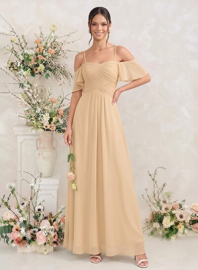 Modest A-Line Spaghetti Straps Ruched Waist Chiffon Bridesmaid Dresses