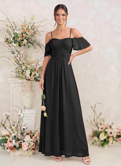 Modest A-Line Spaghetti Straps Ruched Waist Chiffon Bridesmaid Dresses