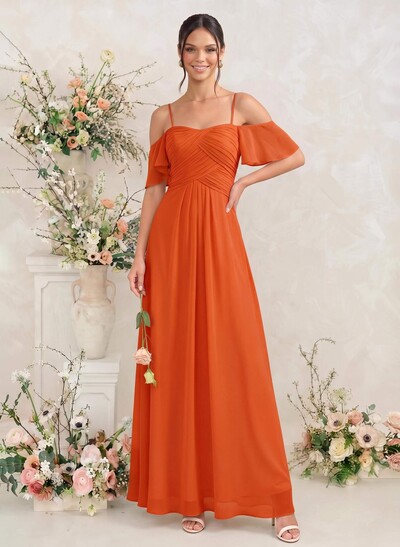 Modest A-Line Spaghetti Straps Ruched Waist Chiffon Bridesmaid Dresses