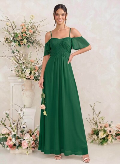 Modest A-Line Spaghetti Straps Ruched Waist Chiffon Bridesmaid Dresses