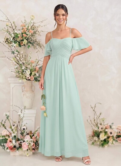 Modest A-Line Spaghetti Straps Ruched Waist Chiffon Bridesmaid Dresses