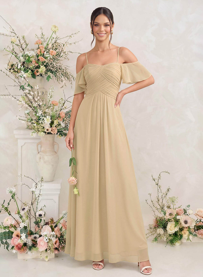 Modest A-Line Spaghetti Straps Ruched Waist Chiffon Bridesmaid Dresses