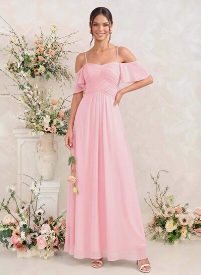 Modest A-Line Spaghetti Straps Ruched Waist Chiffon Bridesmaid Dresses