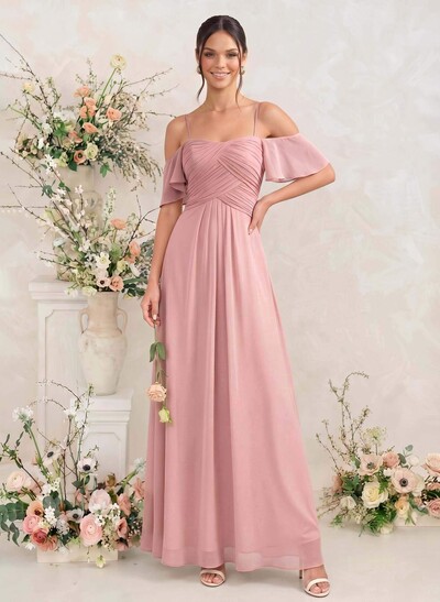 Modest A-Line Spaghetti Straps Ruched Waist Chiffon Bridesmaid Dresses