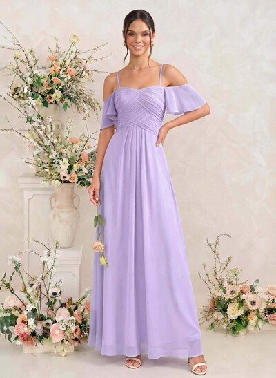 Modest A-Line Spaghetti Straps Ruched Waist Chiffon Bridesmaid Dresses