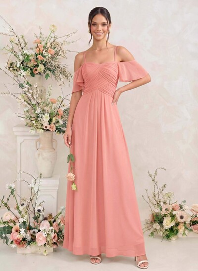 Modest A-Line Spaghetti Straps Ruched Waist Chiffon Bridesmaid Dresses