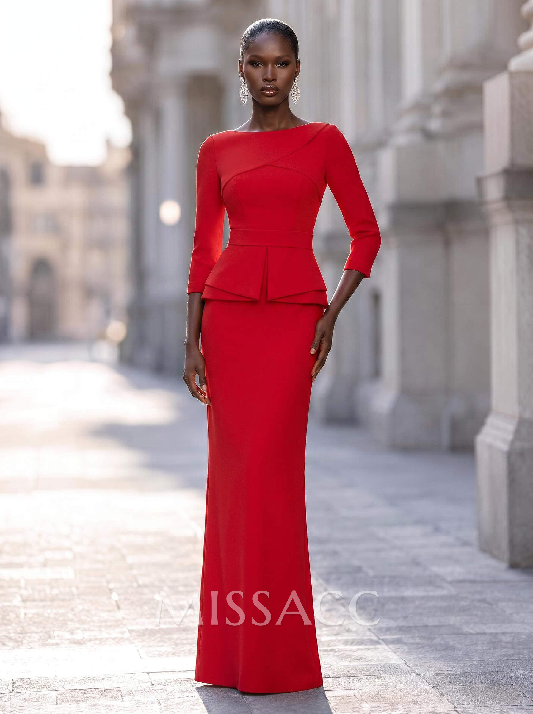 Sexy Scoop Neck 3/4 Sleeves Elastic Satin Evening Dresses With Back Outcut