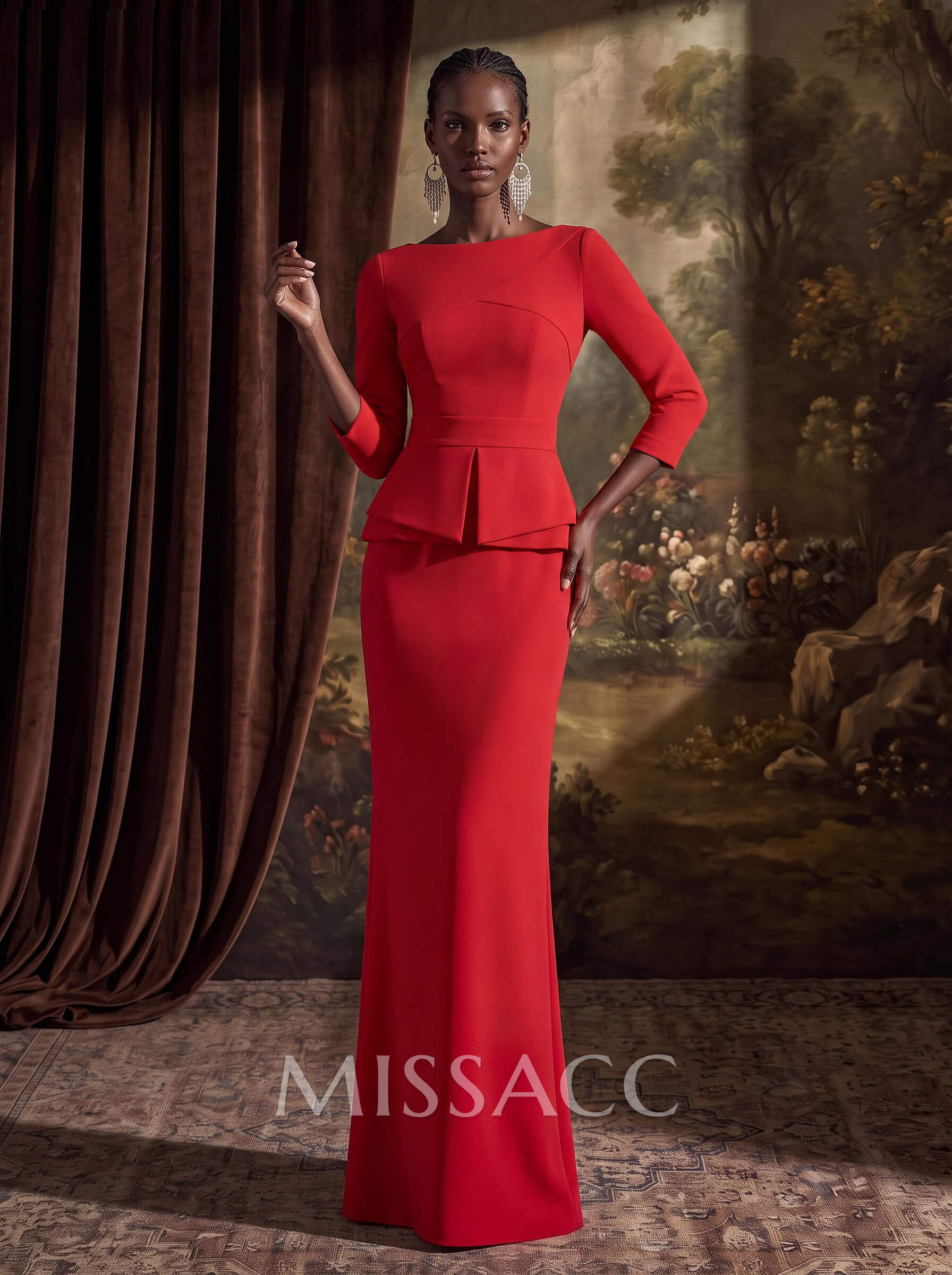 Sexy Scoop Neck 3/4 Sleeves Elastic Satin Evening Dresses With Back Outcut Sexy Scoop Neck 3/4 Sleeves Elastic Satin Evening Dresses With Back Outcut