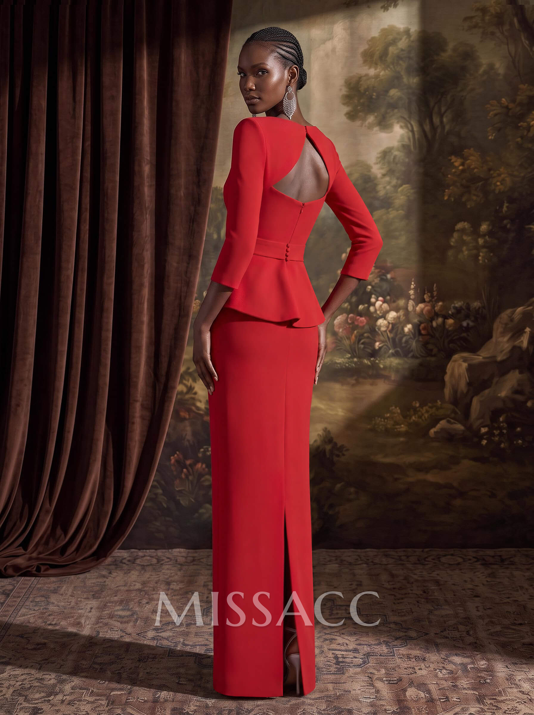 Sexy Scoop Neck 3/4 Sleeves Elastic Satin Evening Dresses With Back Outcut Sexy Scoop Neck 3/4 Sleeves Elastic Satin Evening Dresses With Back Outcut