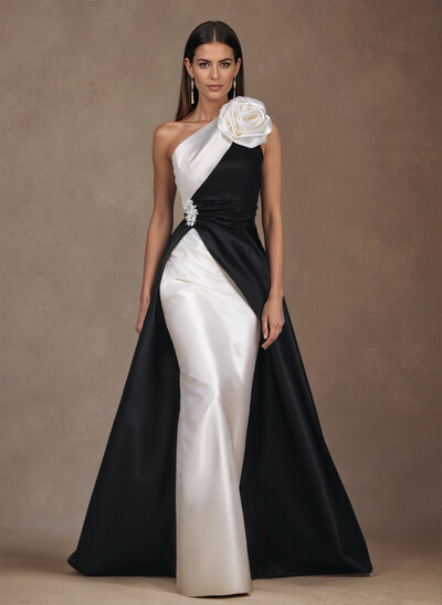 Unique Flower(s) One-Shoulder Overskirt Floor-Length Satin Evening Dresses