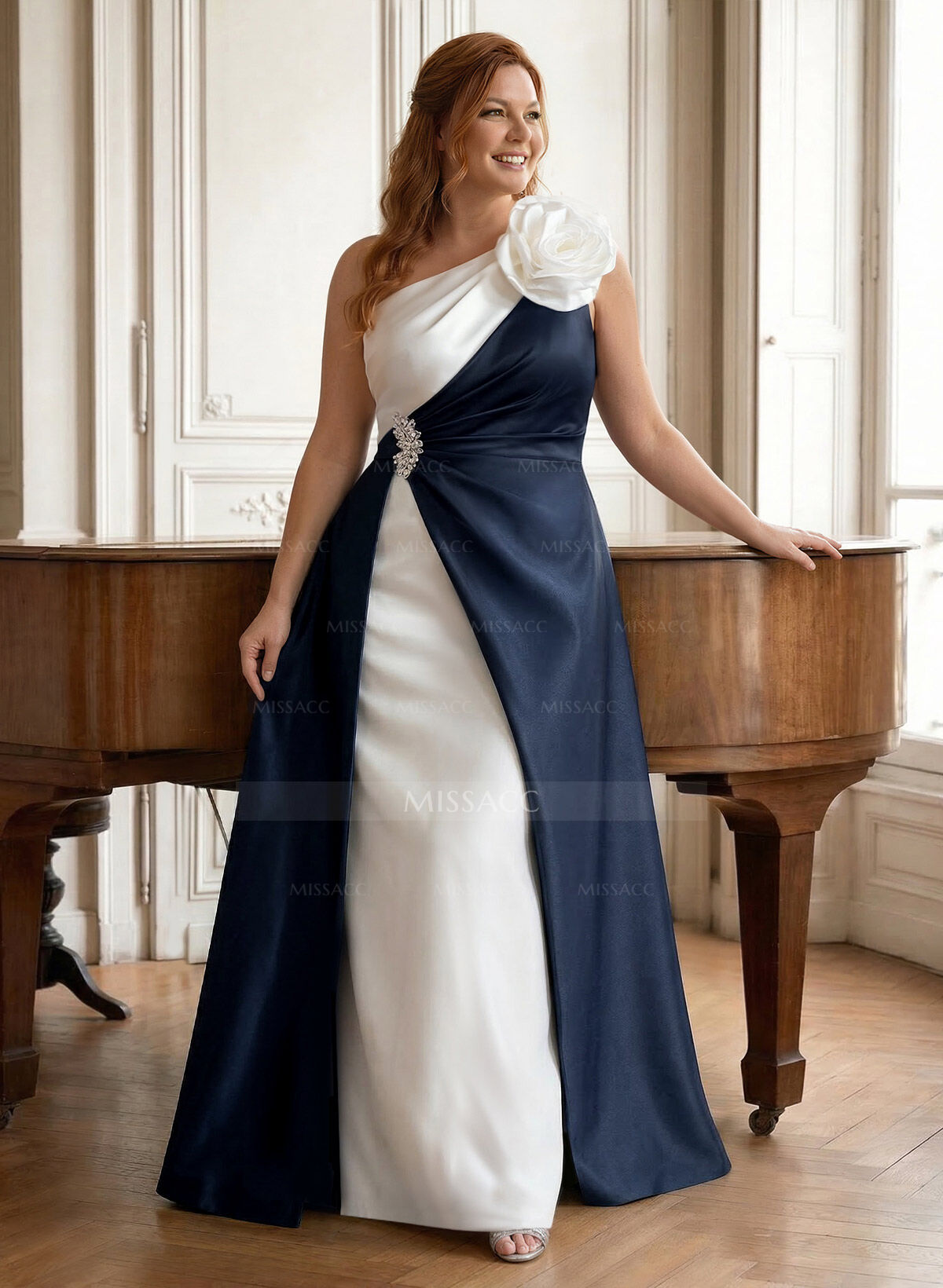 Unique Flower(s) One-Shoulder Overskirt Floor-Length Satin Evening Dresses