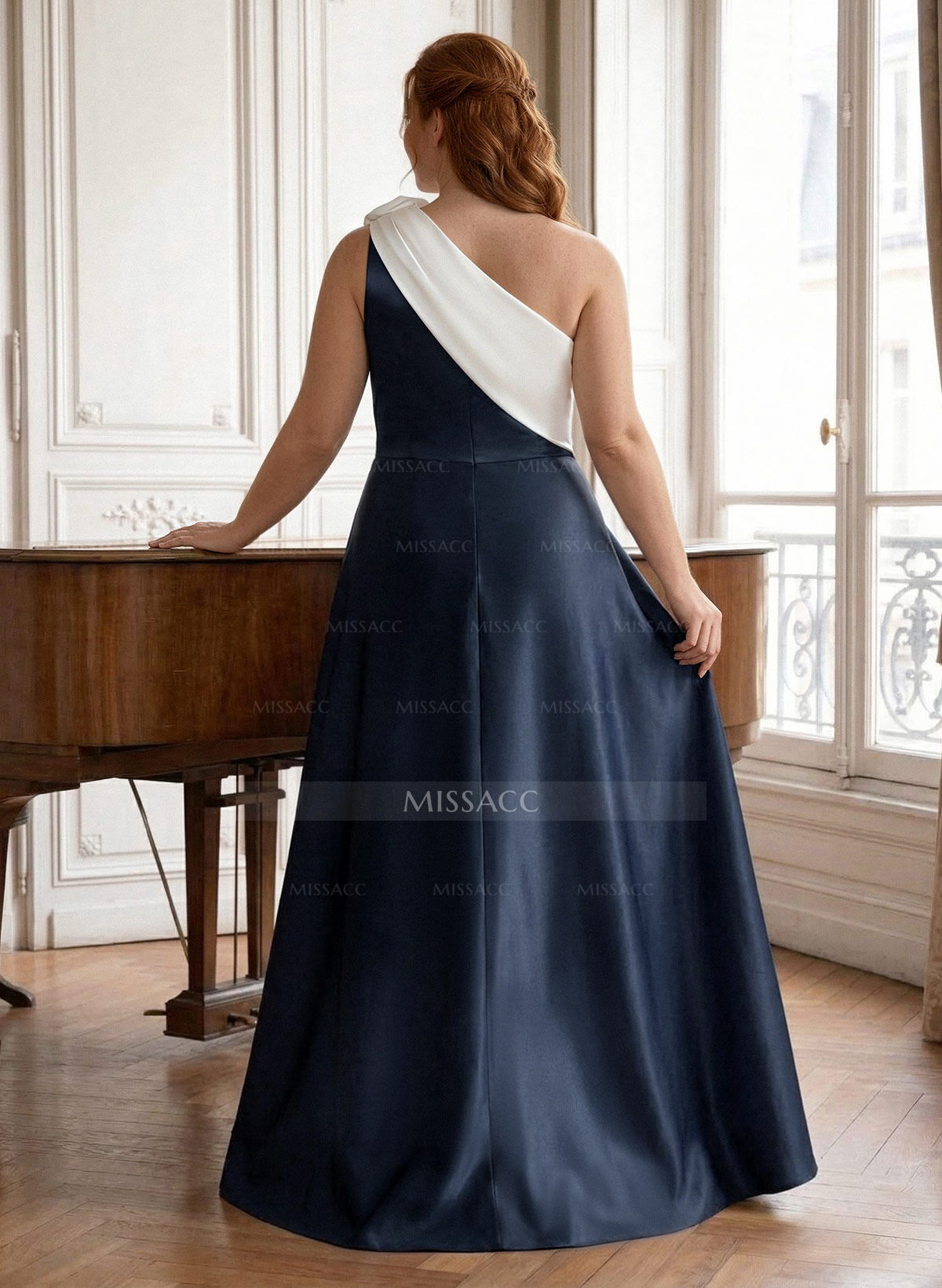 Unique Flower(s) One-Shoulder Overskirt Floor-Length Satin Evening Dresses