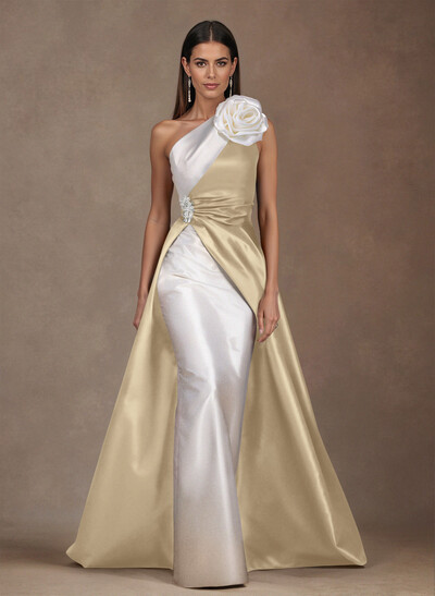 Unique Flower(s) One-Shoulder Overskirt Floor-Length Satin Evening Dresses
