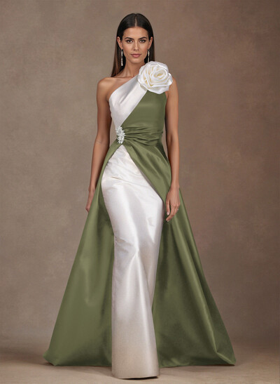 Unique Flower(s) One-Shoulder Overskirt Floor-Length Satin Evening Dresses