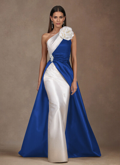 Unique Flower(s) One-Shoulder Overskirt Floor-Length Satin Evening Dresses