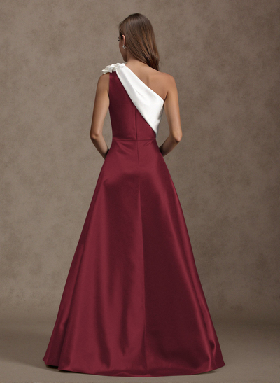 Unique Flower(s) One-Shoulder Overskirt Floor-Length Satin Evening Dresses