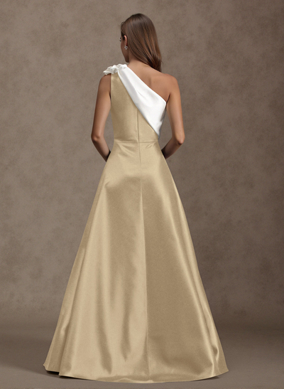 Unique Flower(s) One-Shoulder Overskirt Floor-Length Satin Evening Dresses