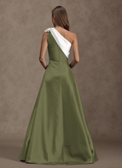 Unique Flower(s) One-Shoulder Overskirt Floor-Length Satin Evening Dresses