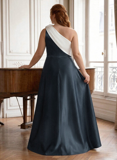 Unique Flower(s) One-Shoulder Overskirt Floor-Length Satin Evening Dresses