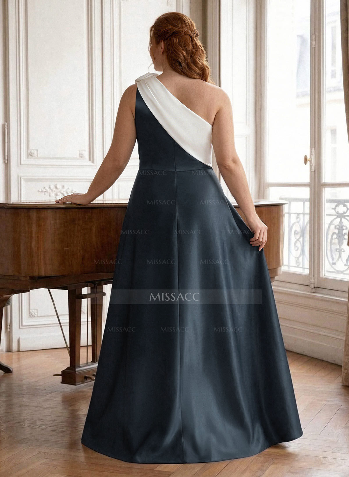 Unique Flower(s) One-Shoulder Overskirt Floor-Length Satin Evening Dresses