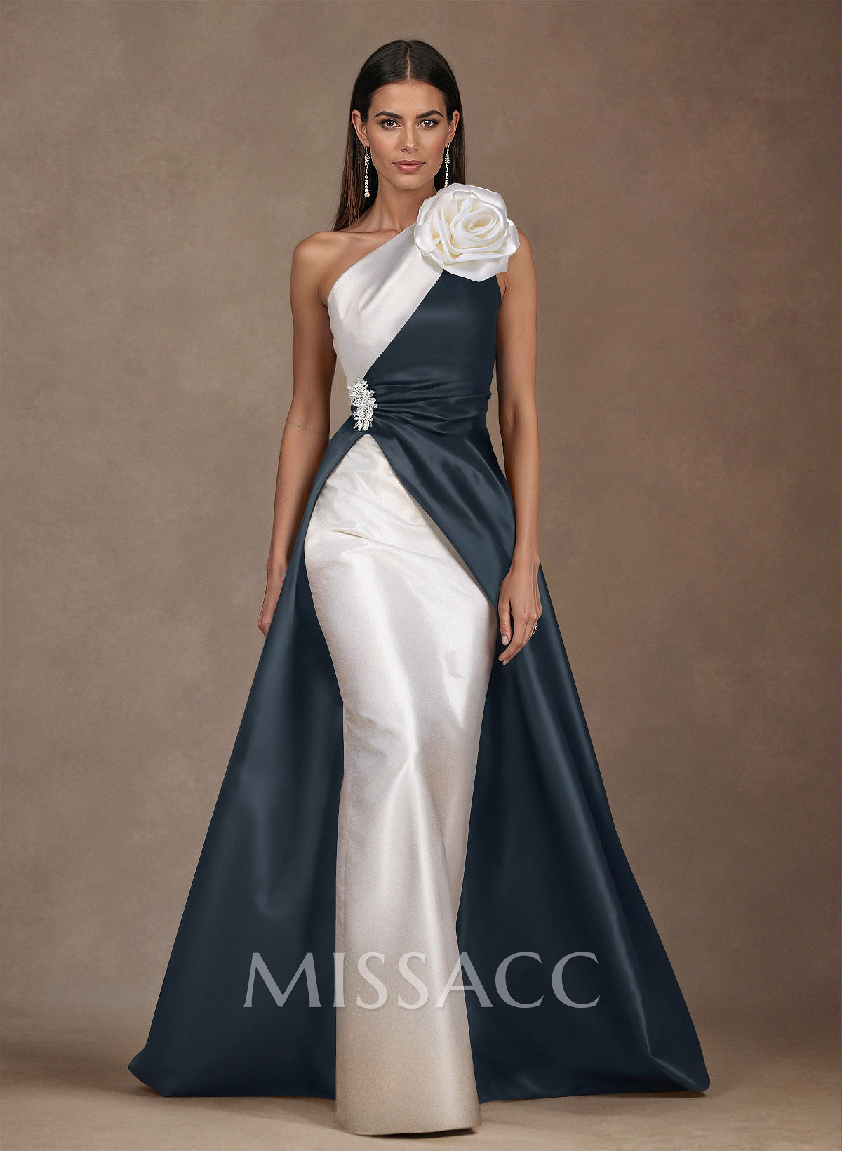 Unique Flower(s) One-Shoulder Overskirt Floor-Length Satin Evening Dresses Unique Flower(s) One-Shoulder Overskirt Floor-Length Satin Evening Dresses