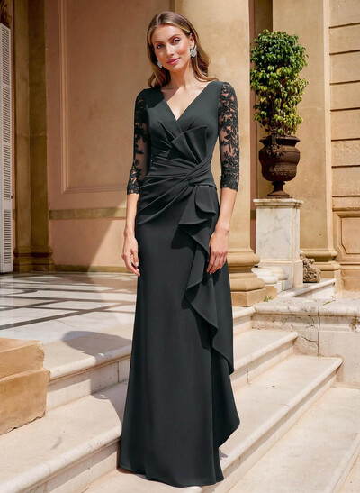 Elegant V-Neck Lace Sleeves Ruffle Elastic Satin Mother Of The Bride Dresses