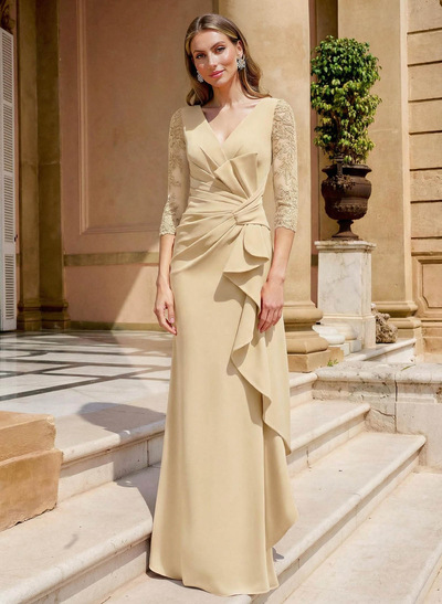Elegant V-Neck Lace Sleeves Ruffle Elastic Satin Mother Of The Bride Dresses