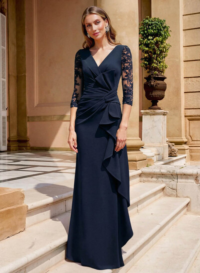 Elegant V-Neck Lace Sleeves Ruffle Elastic Satin Mother Of The Bride Dresses