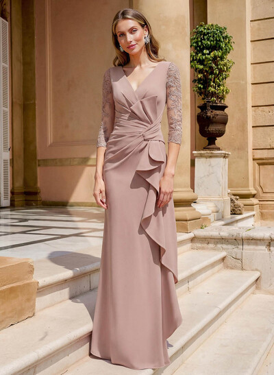 Elegant V-Neck Lace Sleeves Ruffle Elastic Satin Mother Of The Bride Dresses