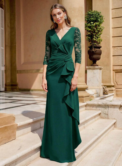 Elegant V-Neck Lace Sleeves Ruffle Elastic Satin Mother Of The Bride Dresses